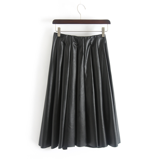 European Fashion women faux leather black Knee-Length Pleated skirts vintage high waist side zipper casual brand female