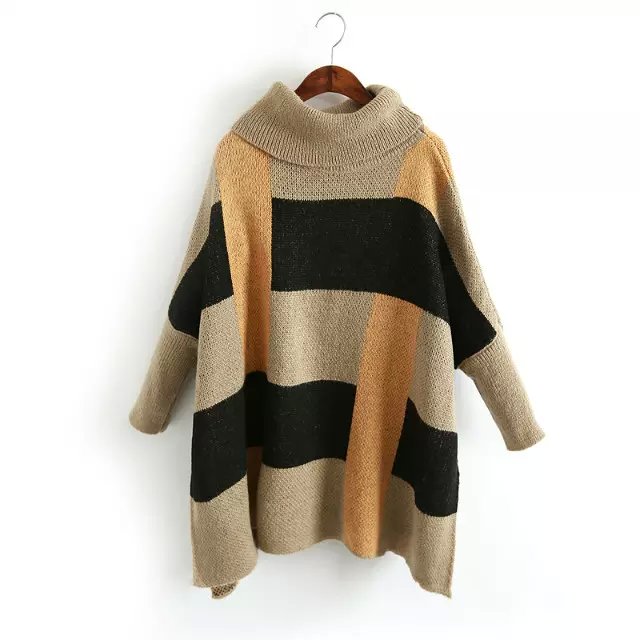 European Fashion Women plaid pattern side open Pullover knitted Sweaters vintage turtleneck Batwing Sleeve loose Cloak