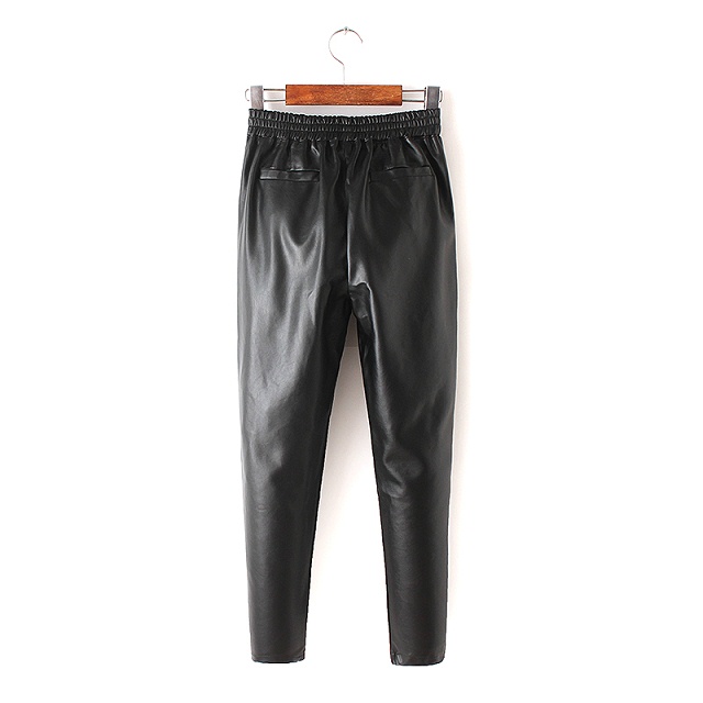 European Spring Fashion women black Faux Leather Elastic waist Harem Pants pockets trousers Casual brand Pantalones Mujer