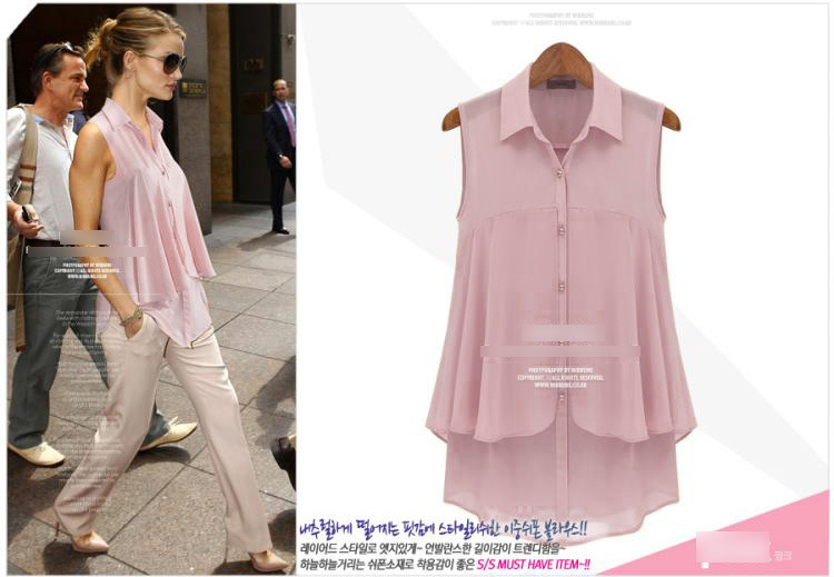 Fashion office lady elegant chiffon pink button ruffle blouse for women turn-down collar sleeveless Shirt casual brand female