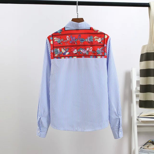 Fashion Spring women office bird striped patchwork print blouse+Skirt Two Piece Sets blue zipper pencil casual Brand femlae