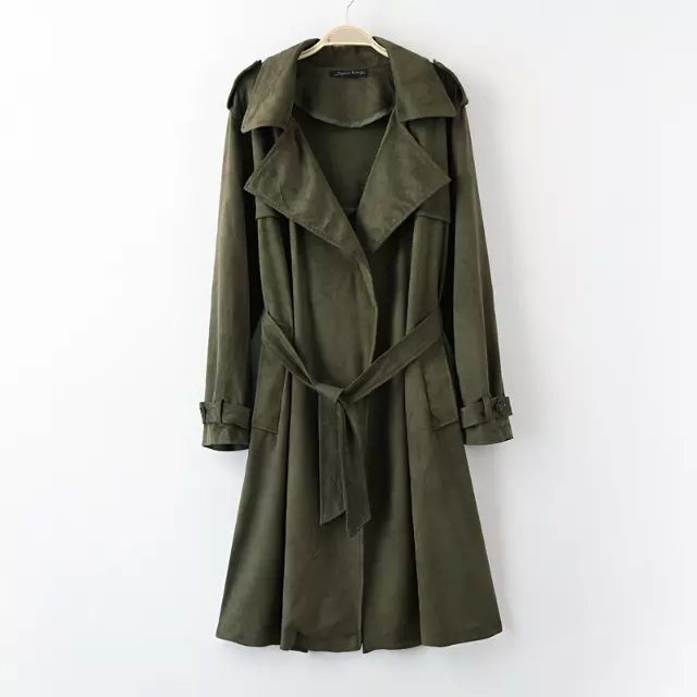 Fashion women army green Faux Suede Leather with belt Long trench Casual Classic turn-down collar pocket brand coat