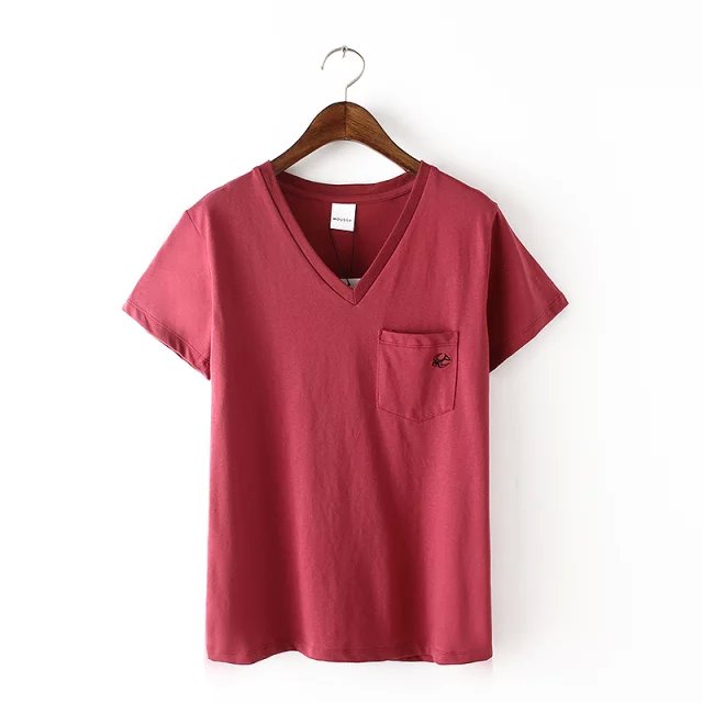 Fashion Women basic red bird Embroidery pocket cotton T-shirt Casual short sleeve V-neck cozy shirt brand tops