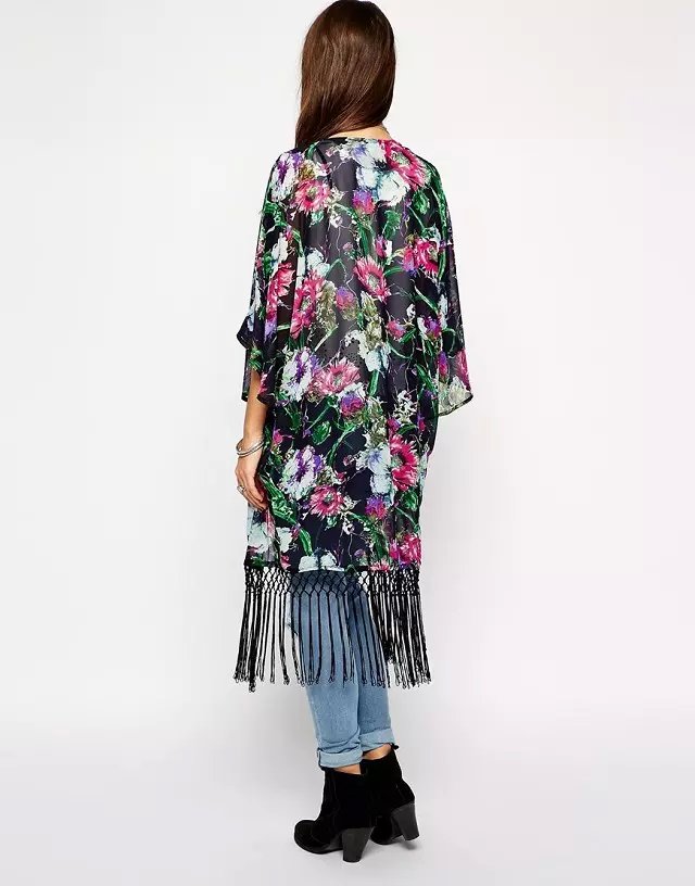 Fashion women elegant black floral print chiffon tassel Kimono outwear loose vintage cape coat casual brand cardigan