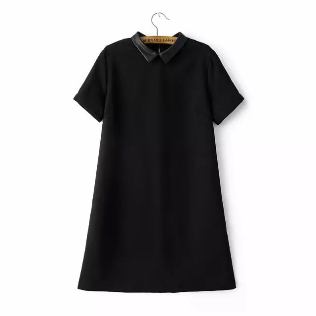 Fashion women elegant black PU patchwork peter pan collar mini straight dress short sleeve back zipper casua brand