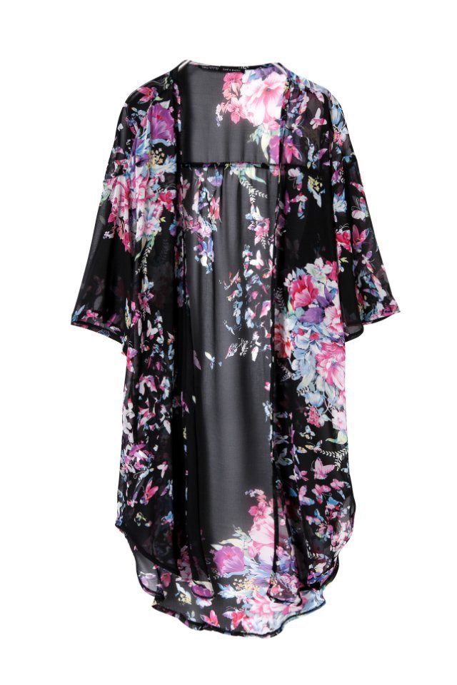 Fashion women elegant chiffon floral print long Kimono outwear vintage side open Three Quarter sleeve casual cardigan brand