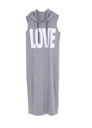 Fashion Women elegant Gray letter print sport dresses drawstring hooded sleeveless pocket casual streetwear vestidos