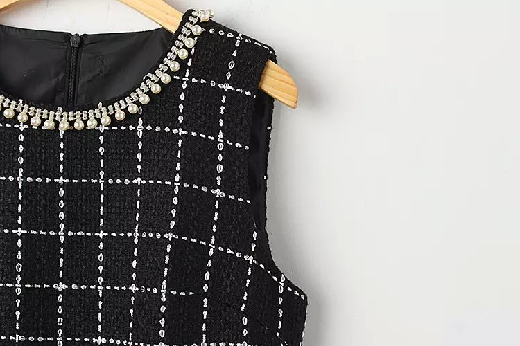Fashion Women Elegant O-neck beading black plaid pattern Mini pleated Dresses Sleeveless back patchwork casual brand