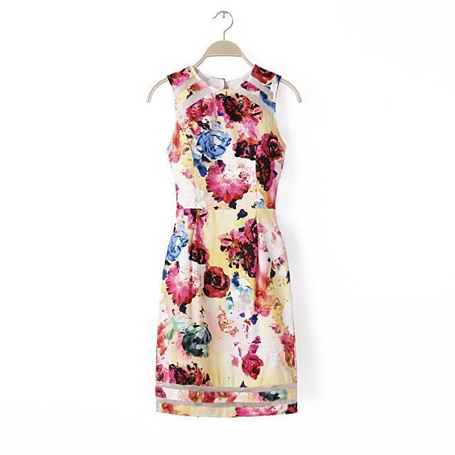 Fashion Women Elegant sexy backless organza patchwork floral print Dress vintage O-neck Sleeveless party Casual brand