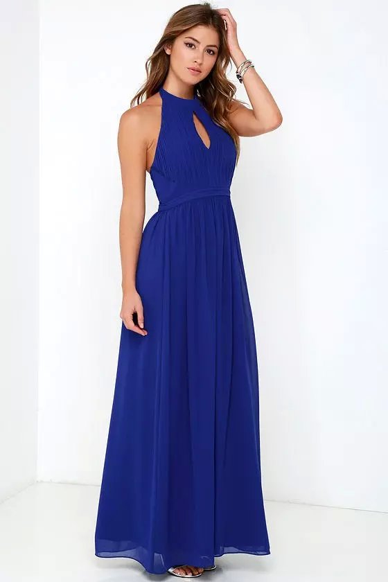 Fashion Women Elegant Sexy blue off shoulder Ankle-Length pleated Dress Backless sleeveless evening party casual