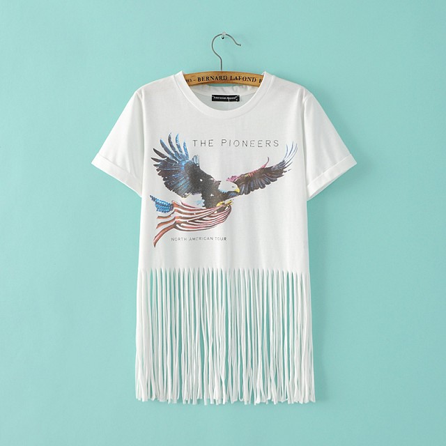 Fashion Women Elegant Tassel bird letter print White T-shirt O-neck short sleeve female shirt casual brand tops
