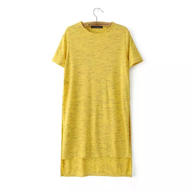 Fashion women elegant yellow Side Open long T-shirt Casual short sleeve O-neck Irregular loose shirt brand tops