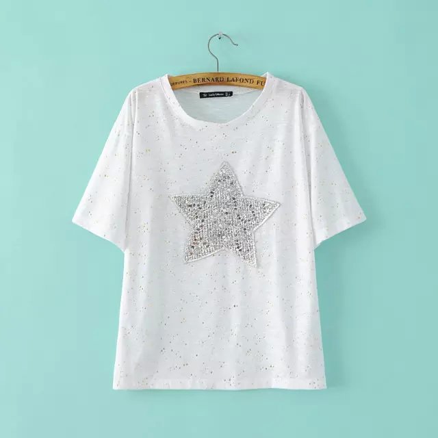 Fashion Women gray Silver sequins Star Embroidery gold beading loose T-shirt O-neck short sleeve Casual brand tops