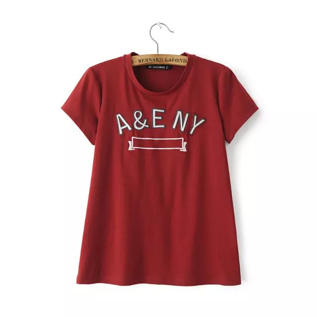 Fashion Women Red Letter Embroidery Vintage O-neck Short Sleeve T-Shirts Casual fit Brand basic Tops