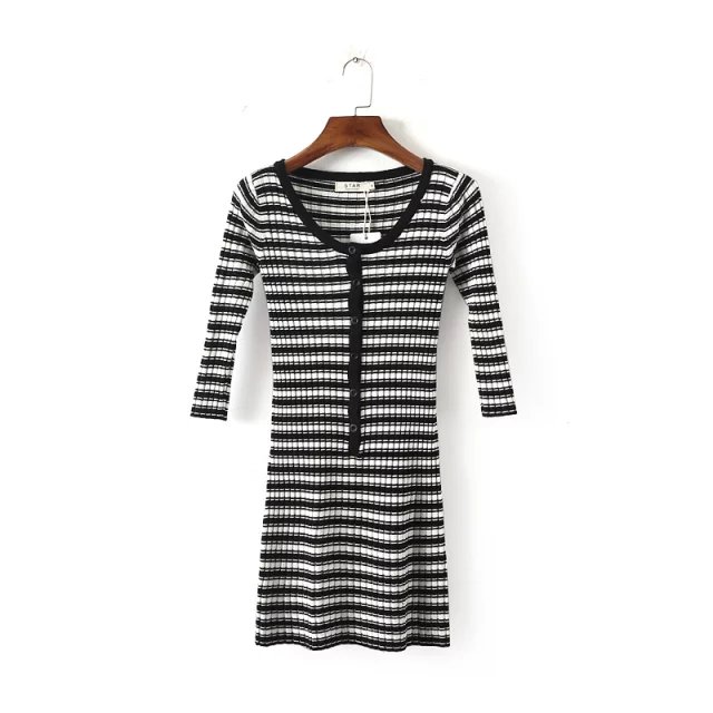 Fashion women sexy knitted striped pattern Packet Buttock V-neck Sheath Dress Three Quarter sleeve stretch casual brand
