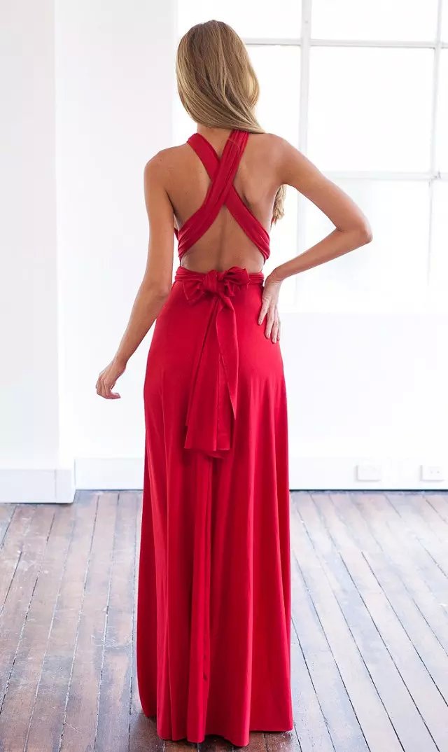 Fashion women sexy red Floor-Length pleated Dress back bow Backless off shoulder bandage sleeveless evening party