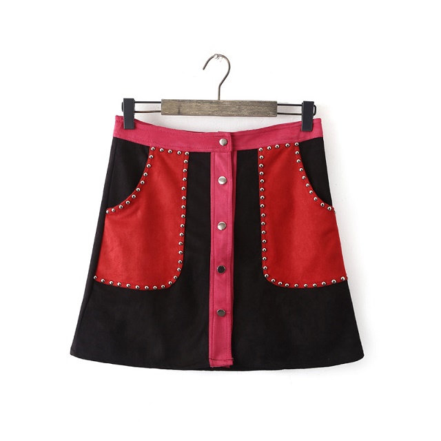 Fashion women Spring black red patchwork Faux Suede leather Rivet button high waist pocket A-line mini Skirt casual brand
