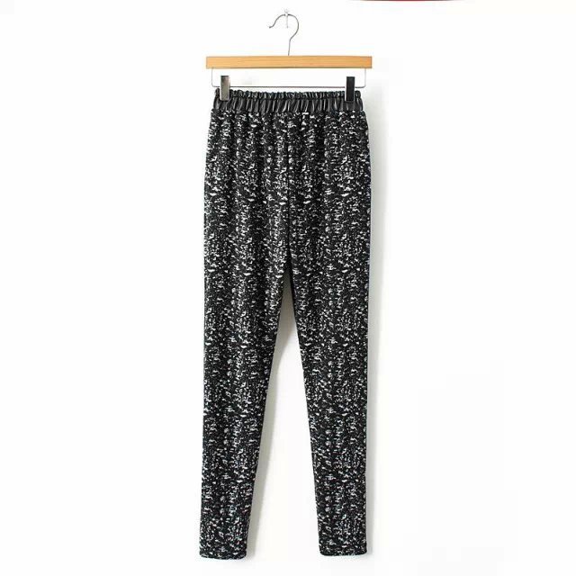 Fashion women winter warm fleece sports black Snow Print pocket PU patchwork elastic waist trousers stretch casual pants
