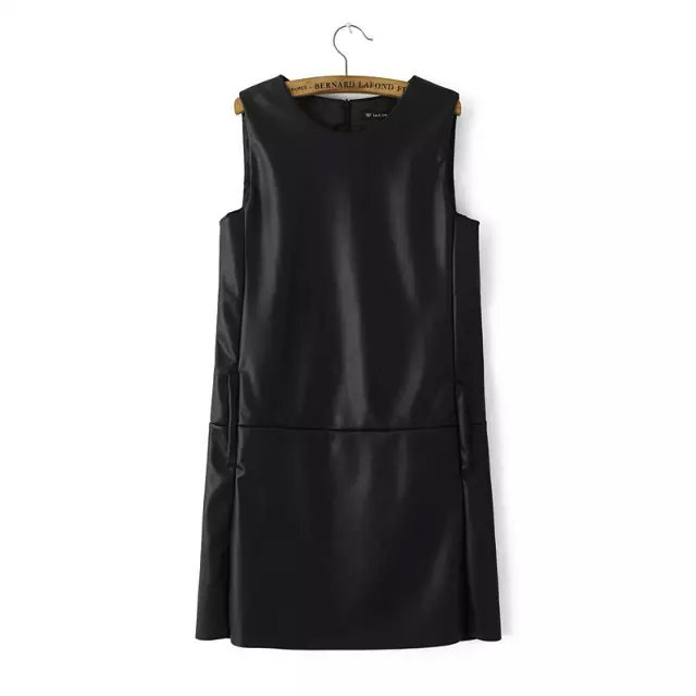 Faux leather Tank Dress for Women Fashion Spring black Sleeveless O-Neck Back Zipper pocket casual Straight brand vestidos