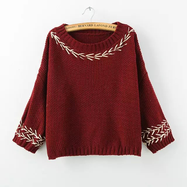 Spring Fashion Women beige Embroidery O-neck short Knitted Sweaters Pullovers vintage batwing Sleeve loose Casual brand