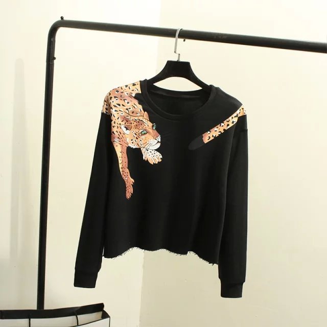 Spring Fashion Women black Leopard print beading Short pullovers Casual batwing Sleeve O-neck hoodies sweatshirts brand