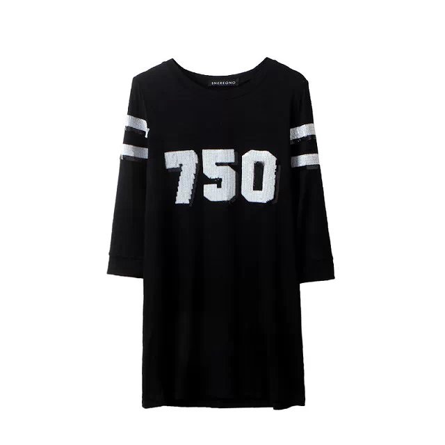Spring Fashion Women black long sport T-Shirt Sequined number Three Quarter Sleeve O-neck Shirts casual brand Top