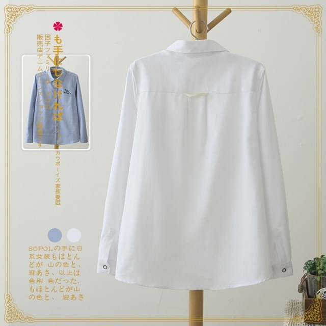 Spring Fashion women cotton blue skiing Embroidery blouse long sleeve button pocket turn-down collar Shirts casual brand