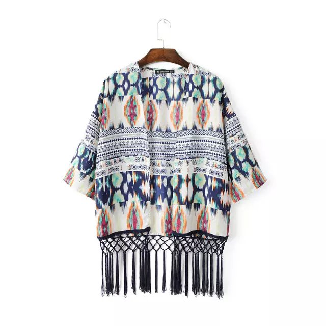 Spring Fashion women elegant Geometric print tassel Kimono outwear loose vintage Three Quarter sleeve casual brand tops
