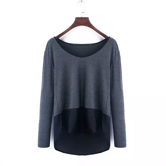 Spring Fashion Women Elegant gray chiffon patchwork Knitted Sweater pullover 0-neck long Sleeve Casual loose brand Tops