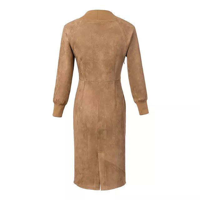 Spring Fashion women elegant khaki faux suede leather Mid-Calf Sheath Dress vintage long sleeve stand collar casual brand
