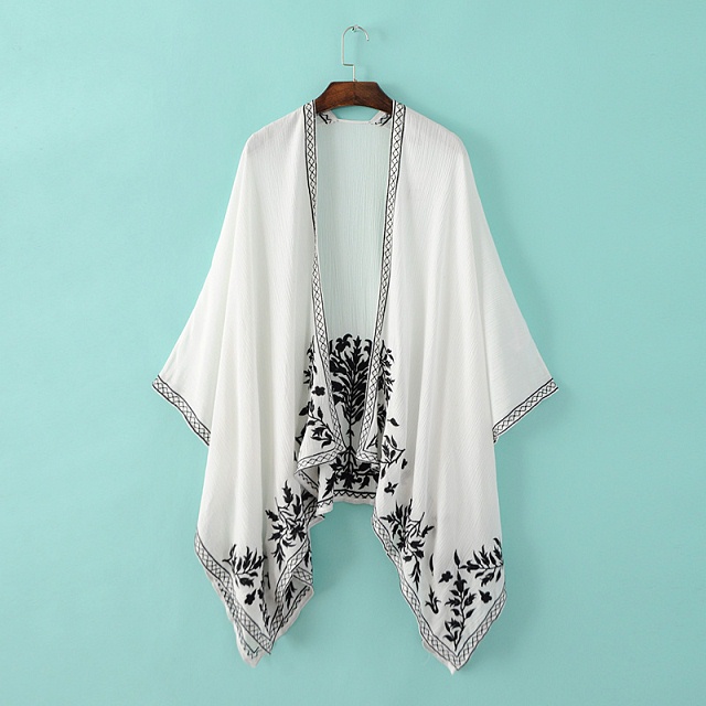 Spring Fashion Women Elegant Vintage white Irregular floral Embroidery loose kimono outwear Batwing Sleeve casual brand
