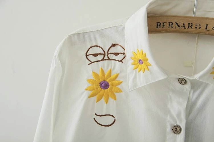Spring fashion women elegant white floral Embroidery cotton blouse turn-down collar button shirt casual brand female