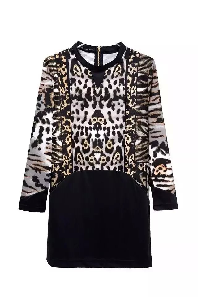 Spring Fashion Women Leopard Print patchwork mini Straight Dress Vintage O-neck long sleeve back zipper casual brand