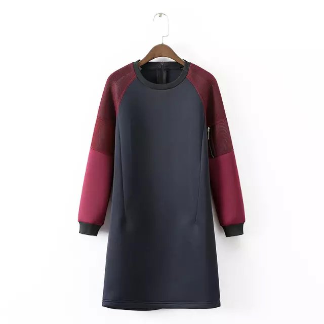 Spring Fashion women mesh patchwork hollow out Straight sport Dress zipper O-neck long Sleeve Casual brand