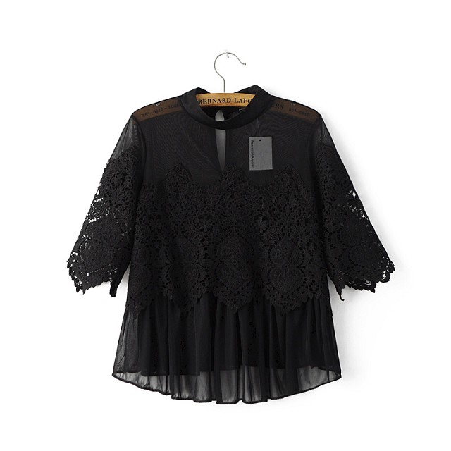 Spring Fashion women sexy lace patchwork mesh see through black blouse stand collar ruffle Half sleeve blusa feminina