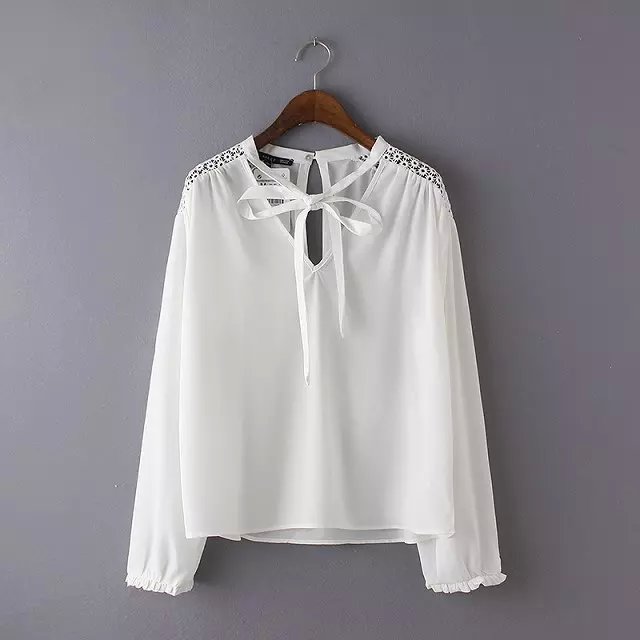 Spring Fashion Women White Chiffon blouse Lace hollow out patchwork shoulder drawstring V-neck loose shirt casual brand
