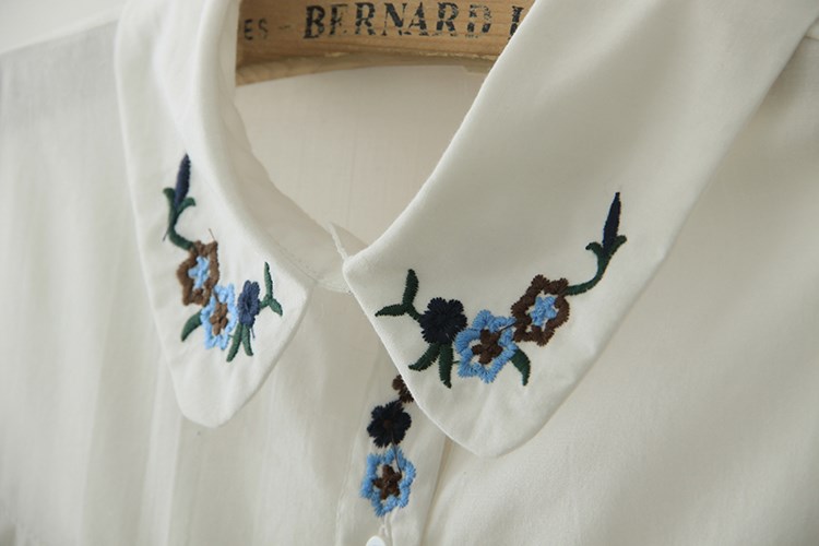Spring fashion women white floral Embroidery cotton blouse vintage Peter pan collar ruffle button shirt casual brand tops