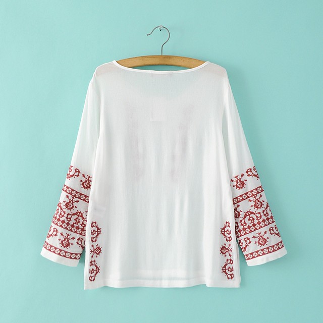 Spring Fashion Women white Geometric Embroidery Blouse Vintage Shirt Long Sleeve V-Neck Casual Blusas Femininas Blusa