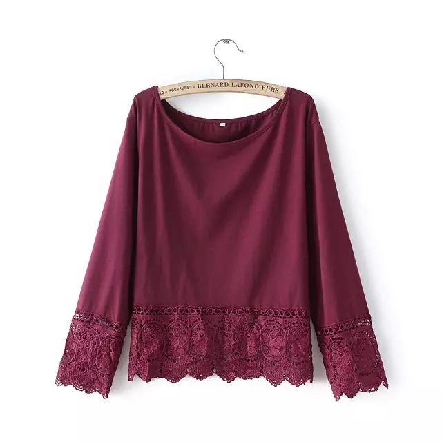 Spring fashion women wine red lace Patchwork hollow out blouse O-neck Three Quarter Sleeve shirt casual blusas camisa Brand