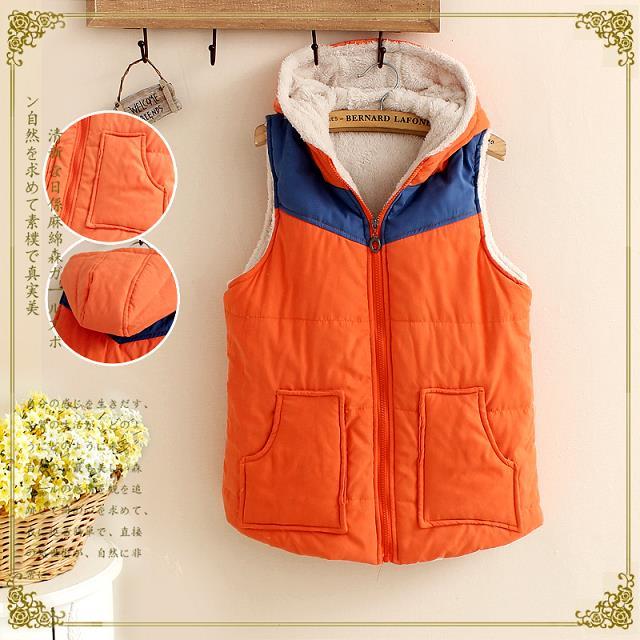Women Fashion Winter thick warm blue orange patchwork Hooded Cotton zipper pocket Vest sleeveless Casual brand plus size