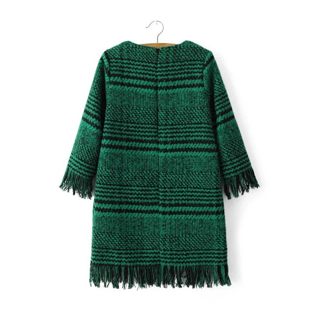 Women Fashion winter thick warm plaid patern Green Knitted tassel O-neck Three Quarter Sleeve Mini Dress causal vestidos