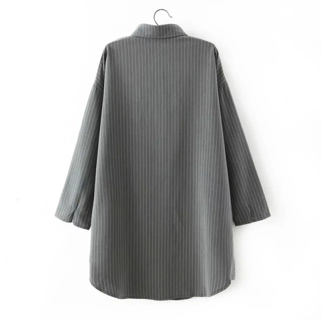 Women Long Shirt Dress Spring Fashion Striped Print Turn-down Collar batwing Sleeve Button gray loose casual brand vestidos