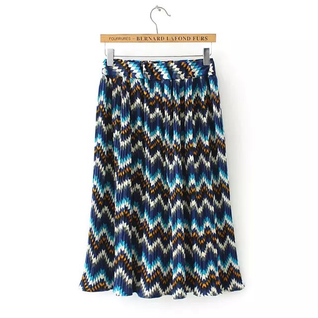 Women Spring Fashion Boho Vintage colorful Wave pattern Elastic waist pleated long skirt casual brand design female