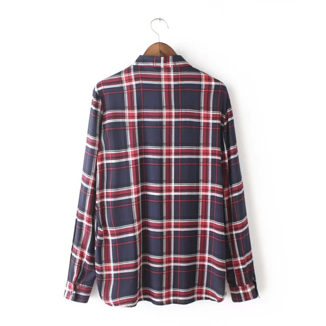 Women Spring fashion england cotton plaid blouses turn-down collar long sleeve pocket button casual brand female tops
