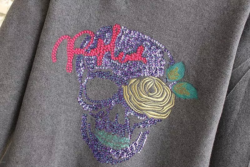 Women Sweatshirts Spring Fashion gray sequins floral Embroidery short Pullover Three Quarter sleeve hoodies Casual brand