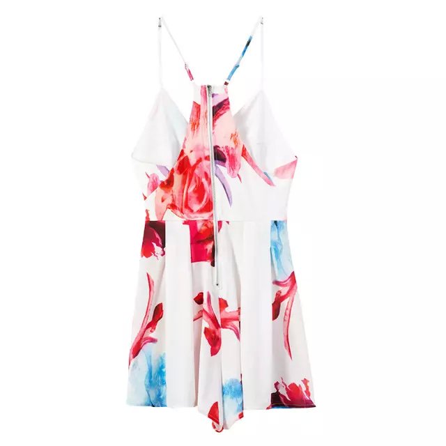 European Fashion Women Jumpsuits white Floral print Lace sexy V-neck backless sleeveless pleated Holiday Rompers plus size