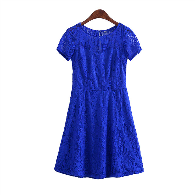 Fashion Spring women Elegant sexy blue lace hollow out Knee-Length Dress Vintage O-neck Short Sleeve casual fit party brand