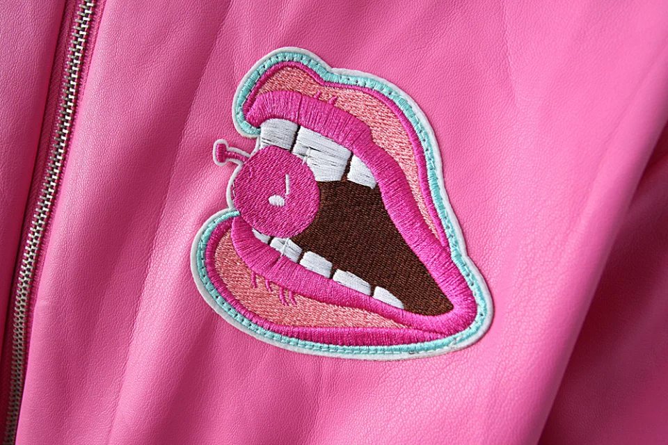 Fashion Winter Women Punk lips Embroidery patchwork cotton pink Faux leather jacket Zipper pocket ladies jaqueta feminina