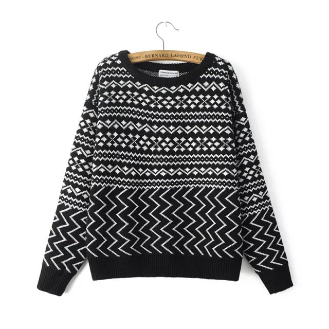 Fashion women American Style Geometric pattern Knitted short sweaters winter warm O-neck Pullover long sleeve Casual brand