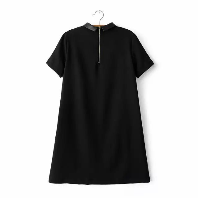 Fashion women elegant black PU patchwork peter pan collar mini straight dress short sleeve back zipper casua brand